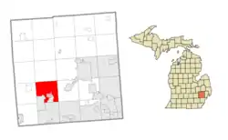 Location within Oakland County (red) and the administered village of Wolverine Lake (pink)