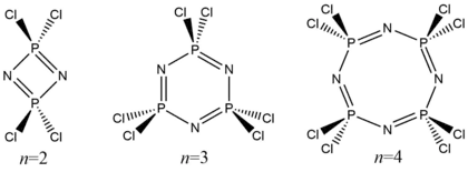 The three major cyclophosphazene products resulting from the reaction of phosphorus pentachloride and ammonium chloride