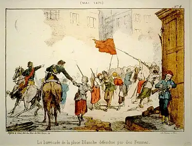 Nineteenth-century illustration of women carrying rifles behind a barricade in the Paris Commune. Several are wearing red, and one carries a red flag.