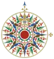 Highly ornate compass rose, with fleur-de-lis as north mark and cross pattée as east mark, from the Cantino planisphere (1502)