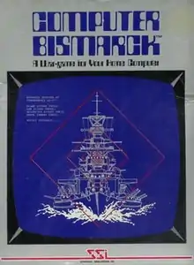 Artwork of a grey, vertical rectangular box. The top portion reads "Computer Bismarck. A War-game for Your Home Computer". The bottom portion displays a white line drawing of a battle ship on a blue monitor screen.