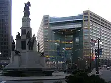 Michigan Soldiers' and Sailors' Monument (1872) by Randolph Rogers and Woodward Fountain on Campus Martius Park