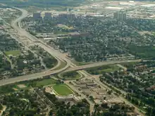 An aerial view of a freeway interchange