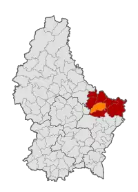 Map of Luxembourg with Consdorf highlighted in orange, and the canton in dark red