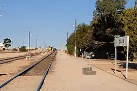 Photo along the ground-level station platform of Cook, with trees and a nameboard on the right and a train in the medium distance in the crossing loop