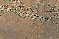 Map of Coprates quadrangle showing details of Valles Marineris, the largest canyon system in the solar system.  Some of the canyons may have once been filled with water.