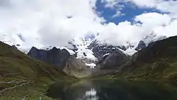 The northeastern side of the Huayhuash range as seen from Lake Carhuacocha