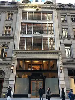 View of the building's front facade in 2019