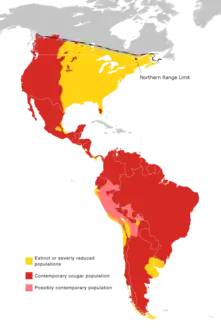 Distribution of cougars; yellow indicates former range. The lower 48 US states fall into the native range.