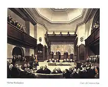 A drawing of the Court of Common Pleas, created in the early 1800s. Three Justices in black robes stand on podiums in the middle of the room, hearing a case. Around the outside of the room, the public is listening in on the case.