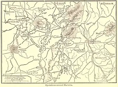 Map is labeled "Operations around Marietta" from the Atlanta campaign 1864.