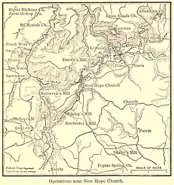 Sepia toned map is labeled "Operations near New Hope Church".