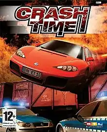 Box art image showing a sports car passing over the top of two police vehicles with a train carriage and flames in the background. The title "Crash Time" is placed at the top centre of the image.