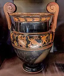 Volute krater that depicts Actaeon's death; circa 450–440 BC; ceramic; height: 51 cm, diameter: 33.1 cm