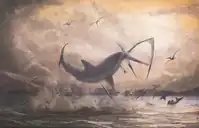 Cretoxyrhina, one of the largest Cretaceous sharks, attacking a Pteranodon in the Western Interior Seaway