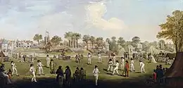 A painting showing a cricket match on Molesey Hurst Park circa 1790. The town of Hampton can be seen In the background, including St Mary's Church and Garrick's Temple to Shakespeare