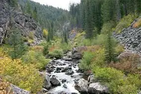 Photo of Crooked Creek flowing through a steep mountain valley