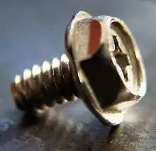 Close-up of a #6-32 UNC screw with a flanged hex/Phillips head, commonly provided in PC cases