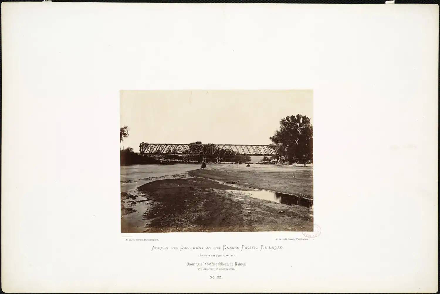The Kansas Pacific Railway bridge across the Republican River and behind that, a pontoon bridge. [ Alexander Gardner (photographer), 1867].mw-parser-output cite.citation{font-style:inherit;word-wrap:break-word}.mw-parser-output .citation q{quotes:"\"""\"""'""'"}.mw-parser-output .citation:target{background-color:rgba(0,127,255,0.133)}.mw-parser-output .id-lock-free.id-lock-free a{background:url("//upload.wikimedia.org/wikipedia/commons/6/65/Lock-green.svg")right 0.1em center/9px no-repeat}body:not(.skin-timeless):not(.skin-minerva) .mw-parser-output .id-lock-free a{background-size:contain}.mw-parser-output .id-lock-limited.id-lock-limited a,.mw-parser-output .id-lock-registration.id-lock-registration a{background:url("//upload.wikimedia.org/wikipedia/commons/d/d6/Lock-gray-alt-2.svg")right 0.1em center/9px no-repeat}body:not(.skin-timeless):not(.skin-minerva) .mw-parser-output .id-lock-limited a,body:not(.skin-timeless):not(.skin-minerva) .mw-parser-output .id-lock-registration a{background-size:contain}.mw-parser-output .id-lock-subscription.id-lock-subscription a{background:url("//upload.wikimedia.org/wikipedia/commons/a/aa/Lock-red-alt-2.svg")right 0.1em center/9px no-repeat}body:not(.skin-timeless):not(.skin-minerva) .mw-parser-output .id-lock-subscription a{background-size:contain}.mw-parser-output .cs1-ws-icon a{background:url("//upload.wikimedia.org/wikipedia/commons/4/4c/Wikisource-logo.svg")right 0.1em center/12px no-repeat}body:not(.skin-timeless):not(.skin-minerva) .mw-parser-output .cs1-ws-icon a{background-size:contain}.mw-parser-output .cs1-code{color:inherit;background:inherit;border:none;padding:inherit}.mw-parser-output .cs1-hidden-error{display:none;color:#d33}.mw-parser-output .cs1-visible-error{color:#d33}.mw-parser-output .cs1-maint{display:none;color:#2C882D;margin-left:0.3em}.mw-parser-output .cs1-format{font-size:95%}.mw-parser-output .cs1-kern-left{padding-left:0.2em}.mw-parser-output .cs1-kern-right{padding-right:0.2em}.mw-parser-output .citation .mw-selflink{font-weight:inherit}html.skin-theme-clientpref-night .mw-parser-output .cs1-maint{color:#18911F}html.skin-theme-clientpref-night .mw-parser-output .cs1-visible-error,html.skin-theme-clientpref-night .mw-parser-output .cs1-hidden-error{color:#f8a397}@media(prefers-color-scheme:dark){html.skin-theme-clientpref-os .mw-parser-output .cs1-visible-error,html.skin-theme-clientpref-os .mw-parser-output .cs1-hidden-error{color:#f8a397}html.skin-theme-clientpref-os .mw-parser-output .cs1-maint{color:#18911F}}Alex. Gardner, photographer. Crossing of the Republican, in Kansas, 136 miles west of Missouri River. Across the continent on the Kansas Pacific Railroad: route of the 35th parallel. 1869 (approximate). The present Union Pacific Railroad and Custer Road/Grant Road (previously U.S. Route 40) still bridge the Republican River at the same locations. Public access to the Kansas River National Water Trail is between the two bridges.