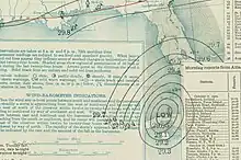 A weather map focused on the eastern Gulf of Mexico depicting a storm system on the north shore of Cuba. The storm is denoted by the word "LOW" surrounded by numerous circular lines known as isobars.