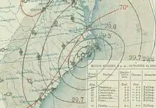 Weather map depicting a storm straddling the coast of North Carolina.