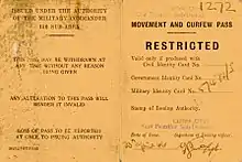 Movement and curfew pass, issued under the authority of the British Military Commander, East Palestine, 1946