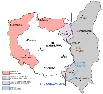 Poland's borders after World War II. Blue line: Curzon Line of 8 December 1919. Pink areas: Parts of Germany in 1937 borders. Grey area: Territory annexed by Poland between 1919 and 1923 and held until 1939, which after World War II was annexed by the Soviet Union.