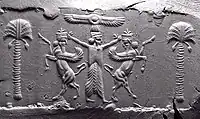 Modern impression of Achaemenid cylinder seal, fifth century BC. A winged solar disc legitimises the Achaemenid emperor, who subdues two rampant Mesopotamian lamassu figures