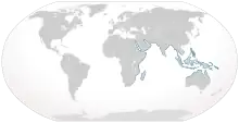 World map with blue coloring all around the periphery of the Indian Ocean from South Africa to northern Australia, and through Southeast Asia including the Philippines and New Guinea