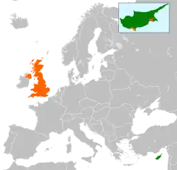 Map indicating locations of Cyprus and United Kingdom