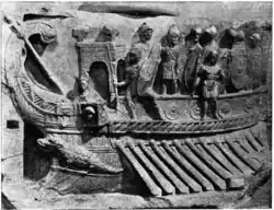 A Roman naval bireme depicted in a relief from the Temple of Fortuna Primigenia in Praeneste (Palastrina), which was built c. 120 BC; exhibited in the Pius-Clementine Museum (Museo Pio-Clementino) in the Vatican Museums.