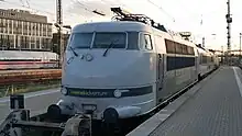 Electric locomotive DB Class 103 (Baureihe 103) of RailAdventure at Munich Hauptbahnhof. It remains in use hauling special passenger trains.