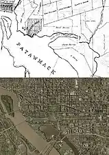 Tiber/Goose Creek around 1800, and the modern shorelines of the Potomac River