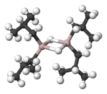 Model of diisobutylaluminium hydride, showing aluminium as pink, bonded to carbon in black, and hydrogen as white in Organoaluminium chemistry