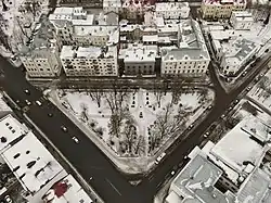 An aerial view of the town center of Sortavala in 2020.