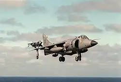 Grey jet aircraft with black radome and large engine inlet hovering with undercarriage extended. It is obscuring another identical jet in the distance. Near the bottom of the photograph, taken out at sea, is the horizon