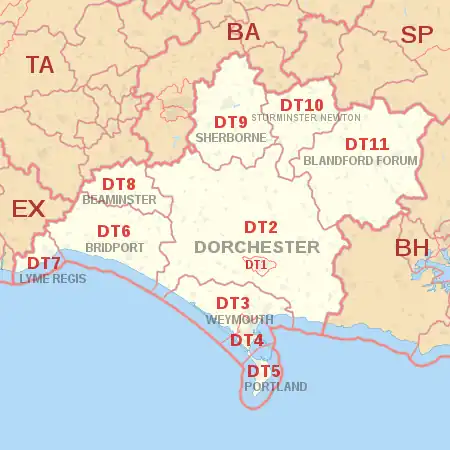 DT postcode area map, showing postcode districts, post towns and neighbouring postcode areas.