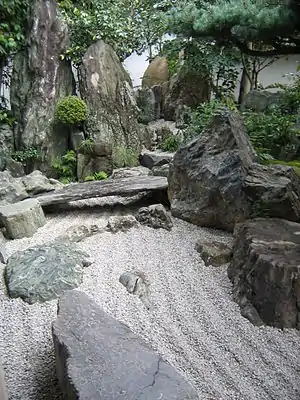 Zen mountains and "waterfall" in the garden of Daisen-in