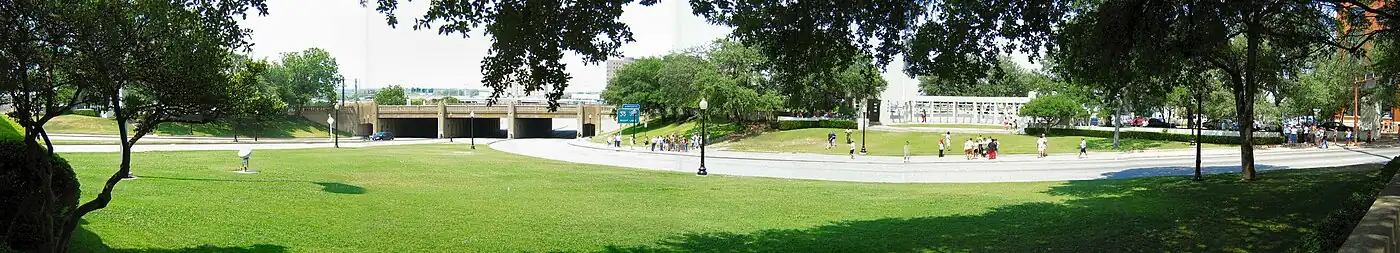 A panoramic view of Dealey Plaza, Dallas, Texas, the location where President John F. Kennedy is assassinated on November 22, 1963.