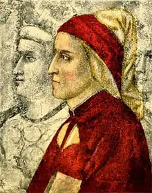 A coloured engraving of a man in a red robe with a red-and-white hat, viewed in profile