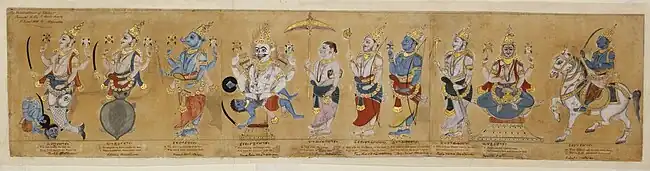 Hindu god Vishnu's ten major avatars (Balarama-Buddha version). From left: Matsya; Kurma; Varaha; Narasimha; Vamana; Parashurama; Rama; Balarama; Buddha; and Kalki