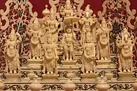 Hindu god Vishnu's ten major avatars (Balarama-Krishna version) Dasavatara shrine, 18th century ivory (National Museum, New Delhi). From top descending: Matsya; Kurma; Varaha; Narasimha; Vamana; Parashurama; Rama; Balarama  ; Krishna and Kalki.