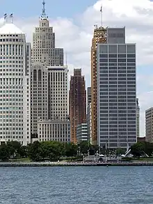 Downtown Detroit from Windsor. The David Stott Building stands at the center