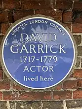 Blue plaque for actor David Garrick, at Garrick Villa, Hampton