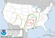 A map of the US with a region labeled "MDT", centered around the southeast tip of Oklahoma, which covers most of Arkansas and reaches the centers of Oklahoma and Texas. It is surrounded by a larger region labeled "SLGT" reaching from the Gulf of Mexico through Missouri, and by an even larger, unlabeled region that reaches Lake Michigan. All regions' edges have clockwise arrows.