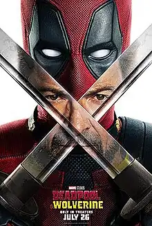 Deadpool holds crossed katanas that reflect Wolverine's face.