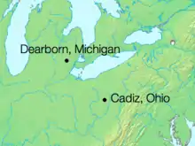 Physical map of the north central U.S. with two dots that show the flight from Dearborn, Michigan, over Lake Erie and then over land to Cadiz, Ohio.