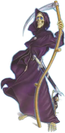 A skeletal figure, wearing dark purple robes, with a scabbard at his waist and holding a scythe. A skeletal rat stands at his feet, also hooded in a purple robe.