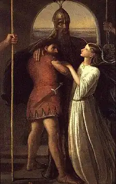 A painting depicting a tall bearded man wearing a helmet, with two smaller figures holding onto him: a man on the left and a woman on the right