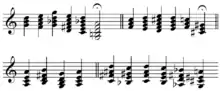 musical score showing a sequence of 22 different chords, each with 3, 4 or 5 notes